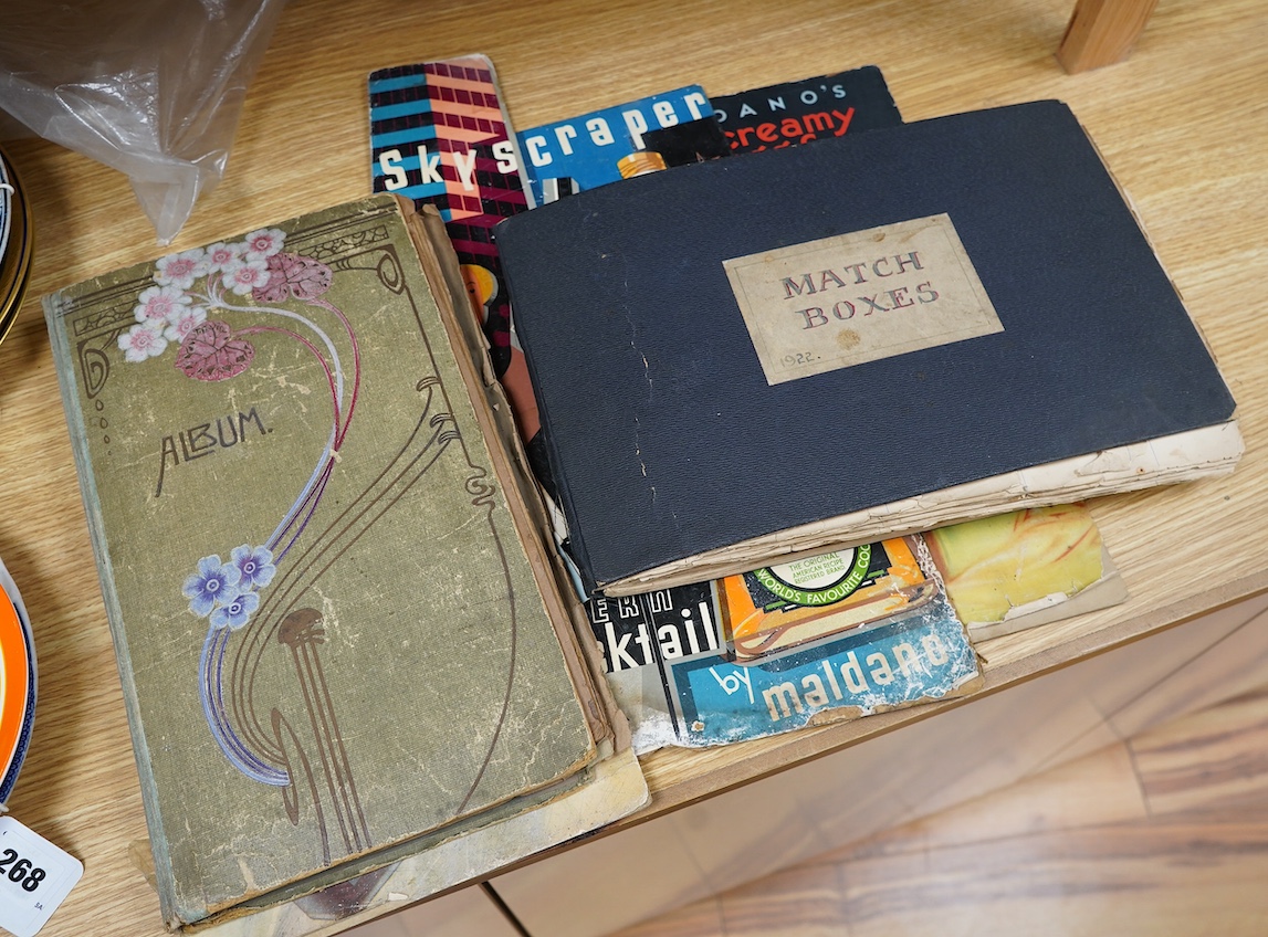 A Matchbook / box collection and advert boards, and postcards. Condition - poor to fair